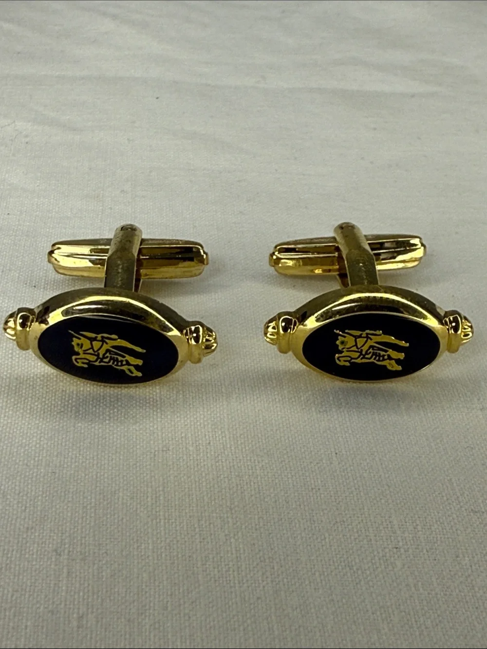 Vintage Burberrys Nova Check Knight Logo Gold Tone Cufflinks
